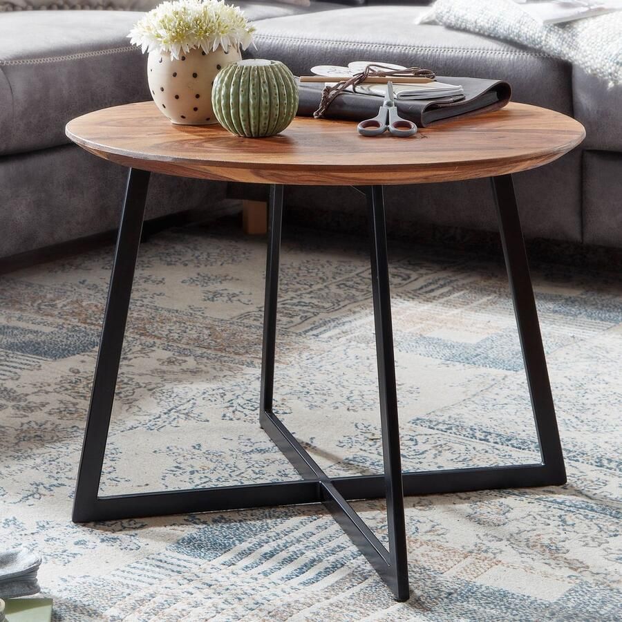Wohnling salontafel 60x60x45 cm massief sheeshamhout metalen salontafel rond | Design salontafel massief | Kleine tafel bijzettafel woonkamer modern - Foto 2