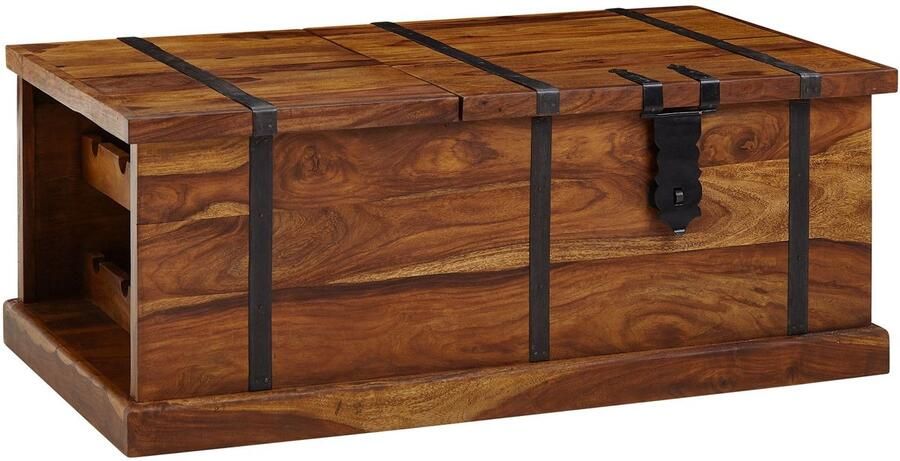 Wohnling salontafel 100x60x40 cm massief sheeshamhouten kisttafel met wijnrek | Design salontafel met opbergruimte | Salontafel modern | houten tafel woonkamer