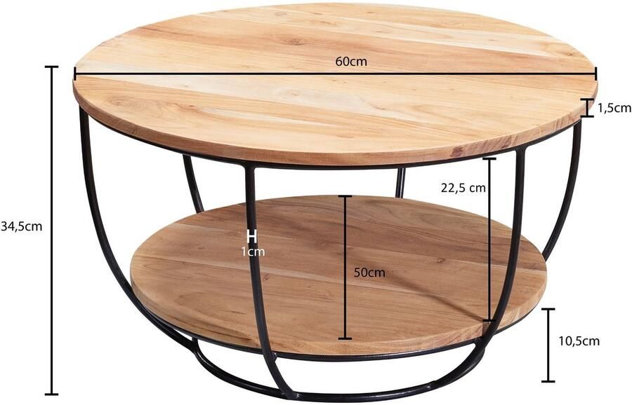 Sky Style salontafel 60x34 5x60 cm acacia massief houten metalen salontafel Design woonkamer tafel rond Lounge tafel Industrial Brown Tafel met plank - Foto 3