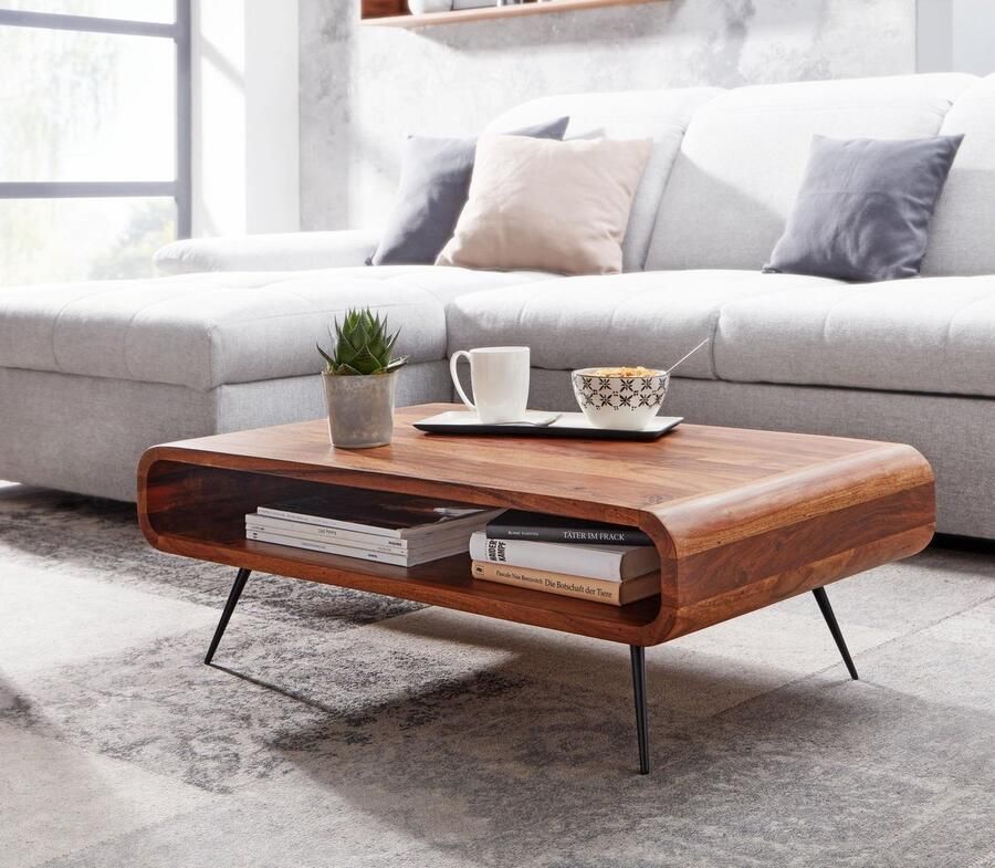 Sky Style Koffietafel Massief Sheesham-Hout en Metaal 90x55x30 cm Salontafel Bruin Tafel Woonkamer Rechthoekig Moderne met Opbergruimte Kleine Bijzettafel Woonkamertafel