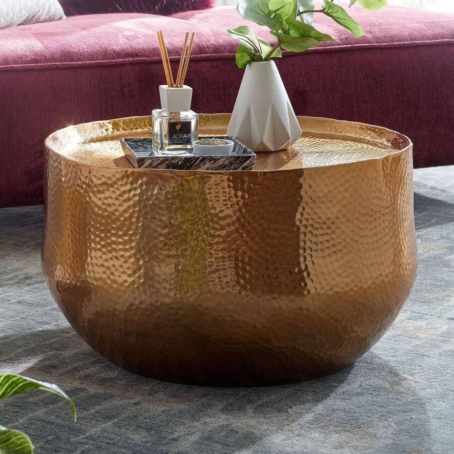 Sky Style salontafel aluminium goud 60x60x35 cm woonkamertafel gehamerd Design salontafel rond aluminium oosters Ronde metalen salontafel klein