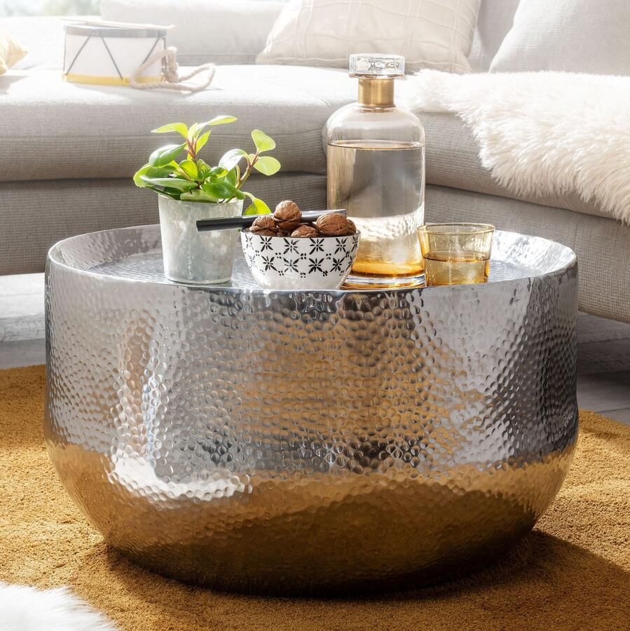 Sky Style salontafel aluminium zilver 60x60x35 cm salontafel gehamerd Design salontafel rond aluminium oosters Ronde metalen salontafel klein