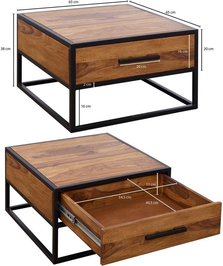 Sky Style salontafel WL5.623 massief houten metalen zitbank 65x38x65cm Design salontafel Sheesham Stubentable Industrial Brown Ontwerper Houten Tafel Koffietafel Massief Woonkamer met tafel