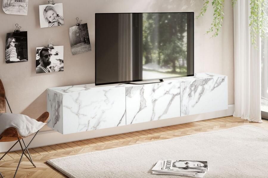Wohnling Lowboard hangend marmerlook wit 160x30x30 cm tv-meubel design tv-tafel met vouwdeuren modern tv-kastwand tv-ladekast om op te hangen