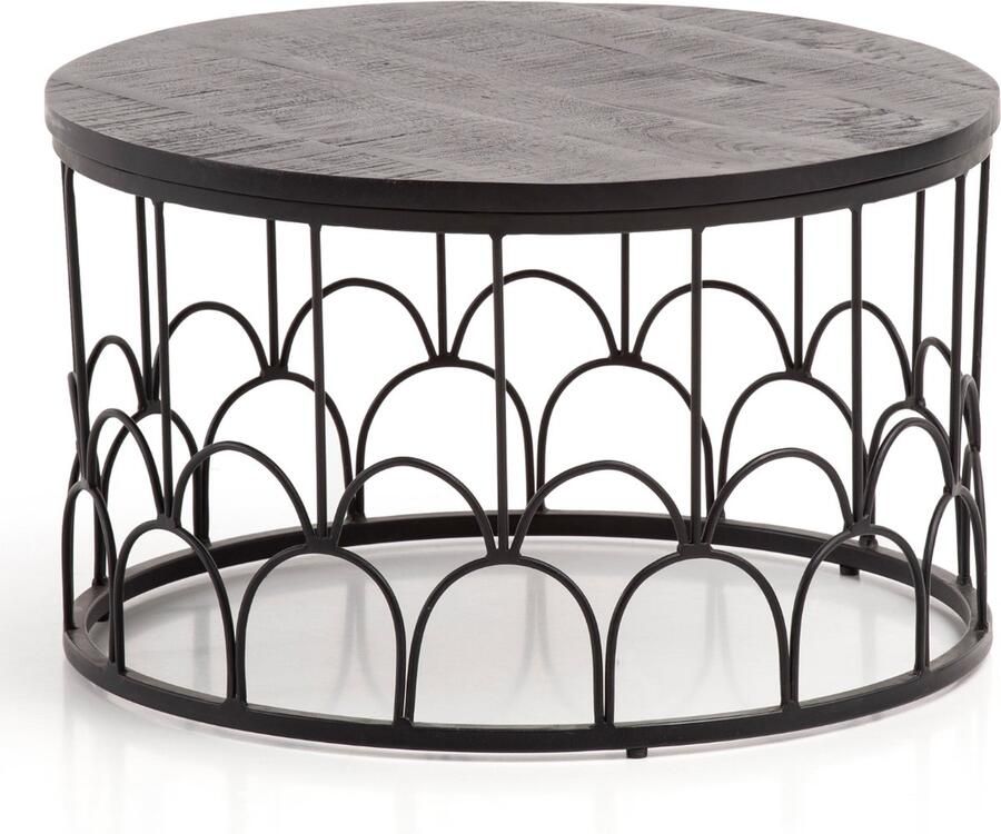 Sky Style Salontafel 60x60x36 cm Mango Massief Hout Metaal Zwart Salontafel Rond Design woonkamertafel Industrieel Stevige salontafel voor in de woonkamer met metalen frame