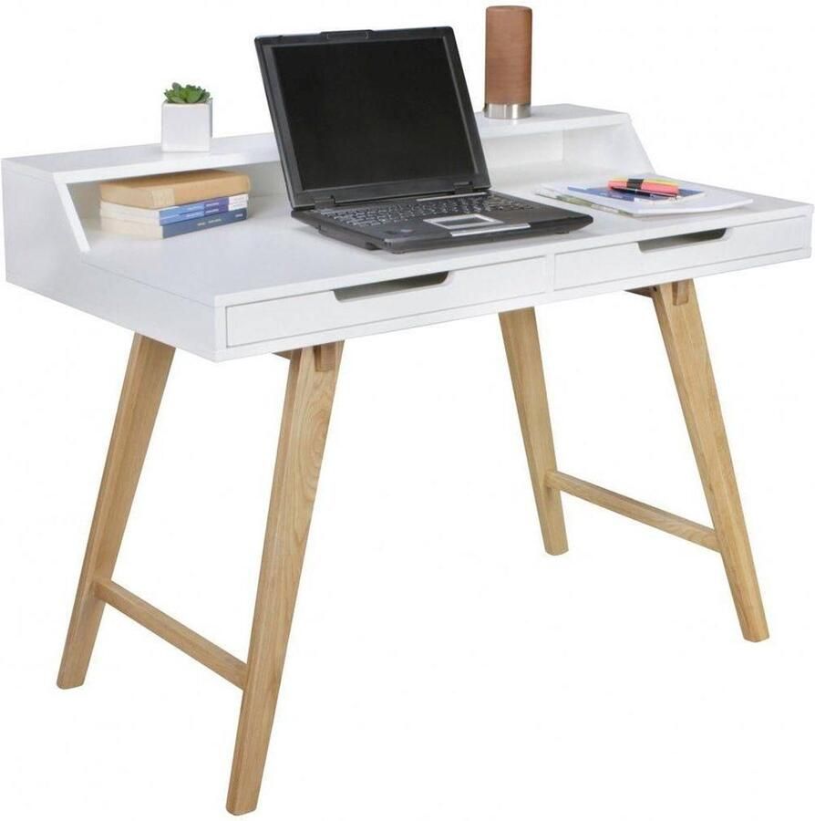 Sky Style bureau SKANDI 110 x 85 x 60 cm MDF hout Scandinavische wit mat werktafel Ontwerp Laptop tafel met kabelaansluiting Office tafel met eiken poten - Foto 2