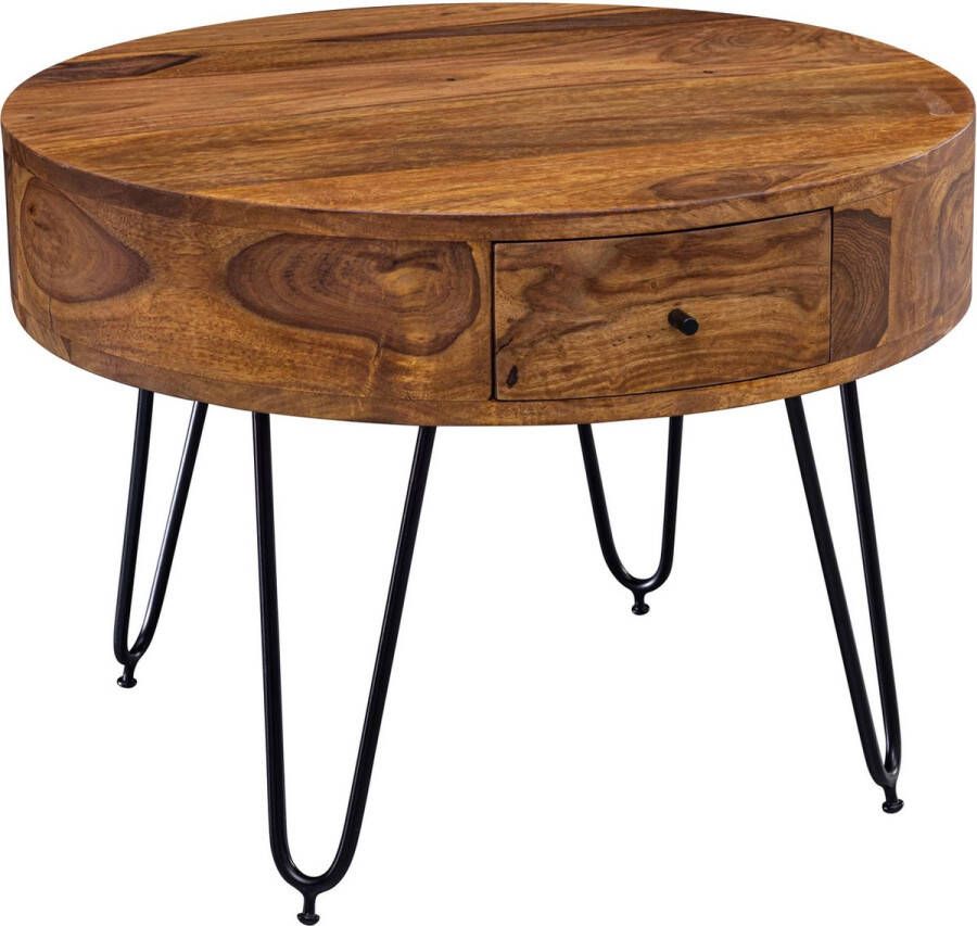 Sky Style tafel Sheesham massief hout metaal 60x44.5x60 cm tafel woonkamer Design bijzettafeltje met laden Kleine salontafel rond bruin