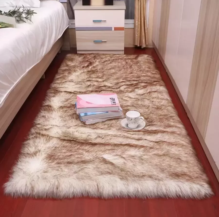 SLC Collection Vloerkleed Bruin Wit Gemêleerd Kleed 60x120cm Imitatie Schapenvacht Imitatiebont Faux Schapenwol Landelijk zacht
