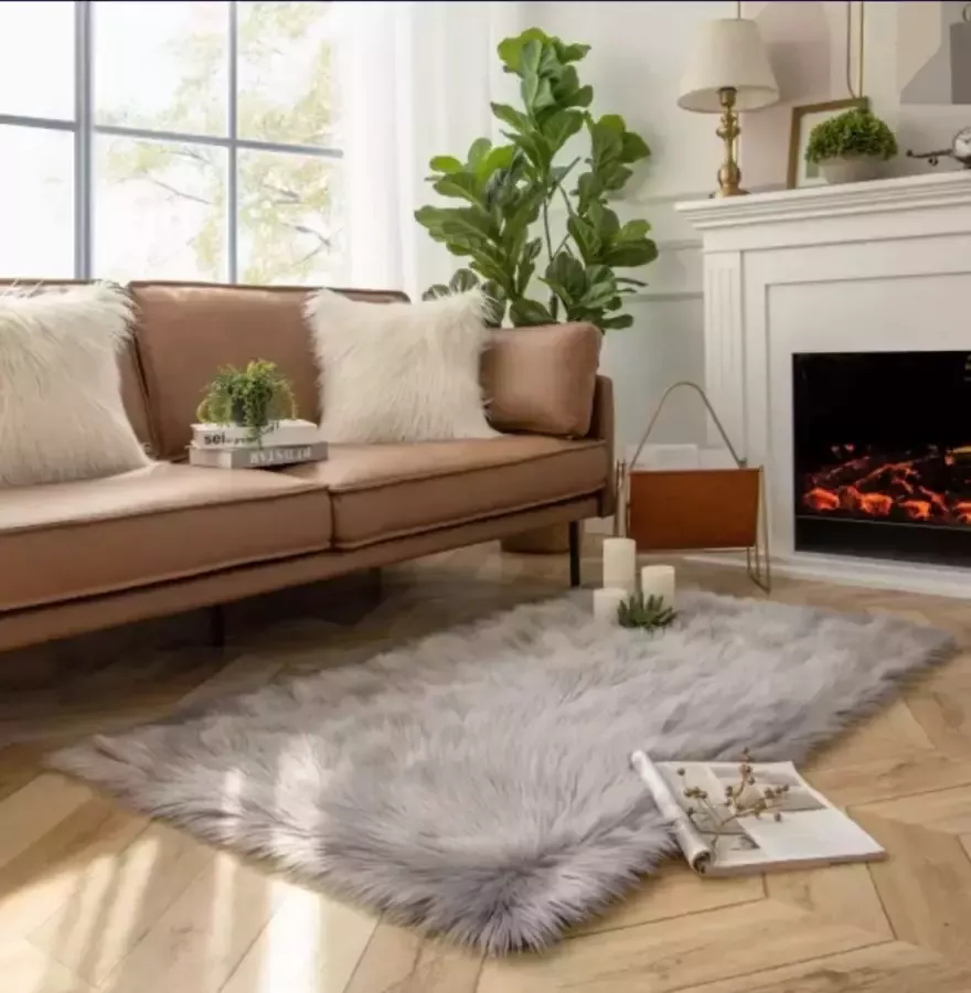 SLC Collection Vloerkleed Grijs Kleed 60x120cm Imitatie Schapenvacht Imitatiebont Faux Schapenwol Landelijk zacht