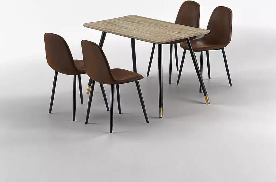 Sleekinterior COMBINATIE DEAL Ziya Micro Suède Stof Stoelen Bruin in set van 4 + Maki Eettafel
