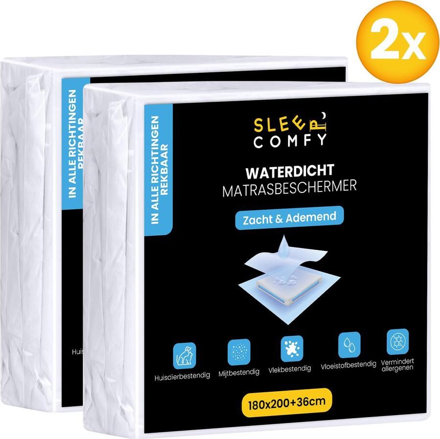 Sleep comfy 2 stuks Waterdicht Matrasbeschermer 180x200 cm 30 dagen Proefslapen Moltons Hoeslakenbadstof Antibacteriëel Rondom Elastiek Wit Waterdichte Matras Beschermer Incontinentie Matrasbeschermer
