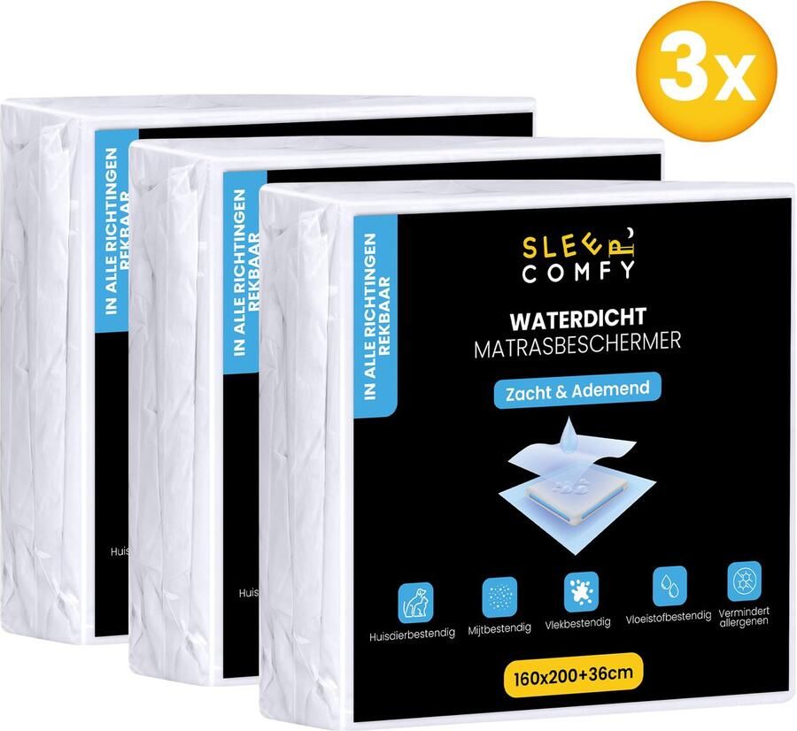 Sleep comfy 3 stuks Waterdicht Matrasbeschermers 160x200 cm 30 dagen Proefslapen Moltons Hoeslakenbadstof Antibacteriëel Rondom Elastiek Wit Waterdichte Matras Beschermer Incontinentie Matrasbeschermer