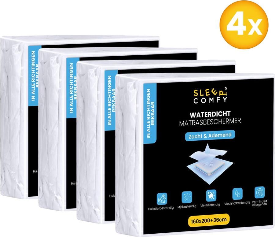 Sleep comfy 4 stuks Waterdicht Matrasbeschermers 160x200 cm 30 dagen Proefslapen Moltons Hoeslakenbadstof Antibacteriëel Rondom Elastiek Wit Waterdichte Matras Beschermer Incontinentie Matrasbeschermer