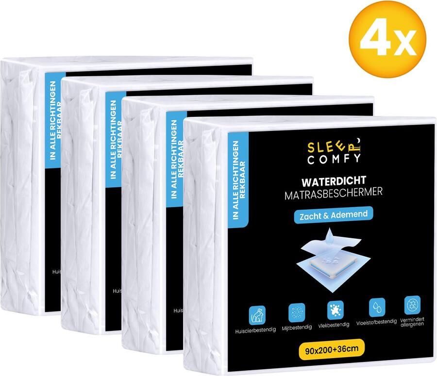 Sleep comfy 4 stuks Waterdicht Matrasbeschermers 90x200 cm 30 dagen Proefslapen Moltons Hoeslakenbadstof Antibacteriëel Rondom Elastiek Wit Waterdichte Matras Beschermer Incontinentie Matrasbeschermer