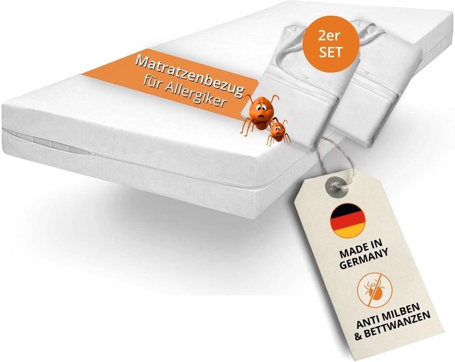 Sleepling 90 x 200 Matrashoes Evolon Encasing set van 2 allergievriendelijke Matrasbeschermhoes van polyester Allergie- & anti-mijt bescherming matrassen tot 25 cm wasbaar op 95 graden Made in Germany wit