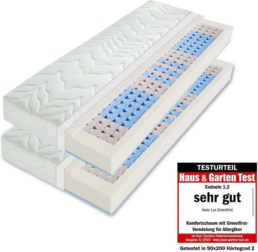 Sleepneo Pocketveringmatras 160x200 cm (2 x 80x200 cm) VARIO LUX Greenfirst hoogte ca. 22 cm H2&H3 matras 80x200 cm tijk met Greenfirst -afwerking stevig- Tweepersoonsmatrassen 160x200 - Foto 2