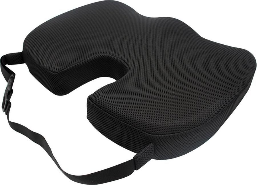 Sleeptight Zitkussen Orthopedisch met Band Pijnverlichtend Ergonomisch Stuitkussen Bureaustoel Wigkussen Zitverhoger Auto Rolstoelkussen Autokussen Stoelverhoger Staartbeen Kussen Uitsparing Gratis Mobiliteitsgids Zwart 45cm