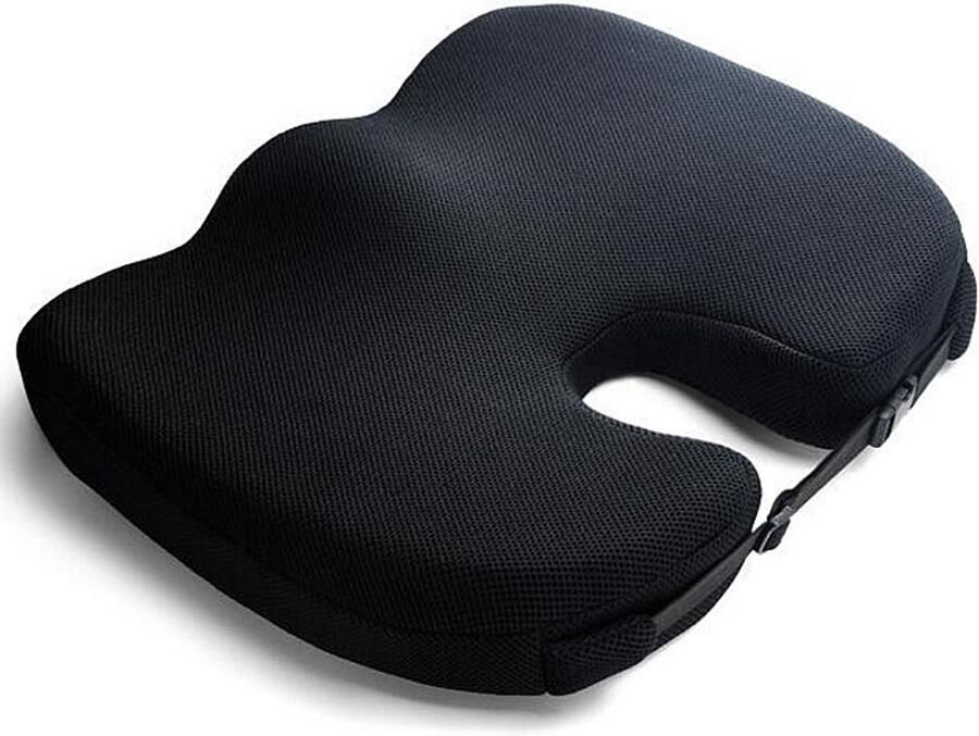 Sleeptight Zitkussen Orthopedisch met Band Pijnverlichtend Ergonomisch Stuitkussen Bureaustoel Wigkussen Zitverhoger Auto Rolstoelkussen Autokussen Stoelverhoger Staartbeen Kussen Uitsparing Gratis Mobiliteitsgids Zwart 45cm - Foto 2