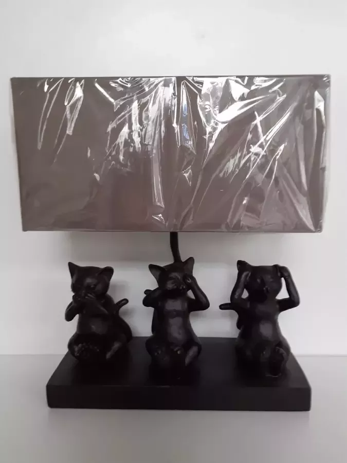 Slijkhuis Katten beeld kattenlamp HOREN ZIENen ZWIJGEN zo leuk incl. lampenkap en lamp zwart taupe 36x31x15 cm