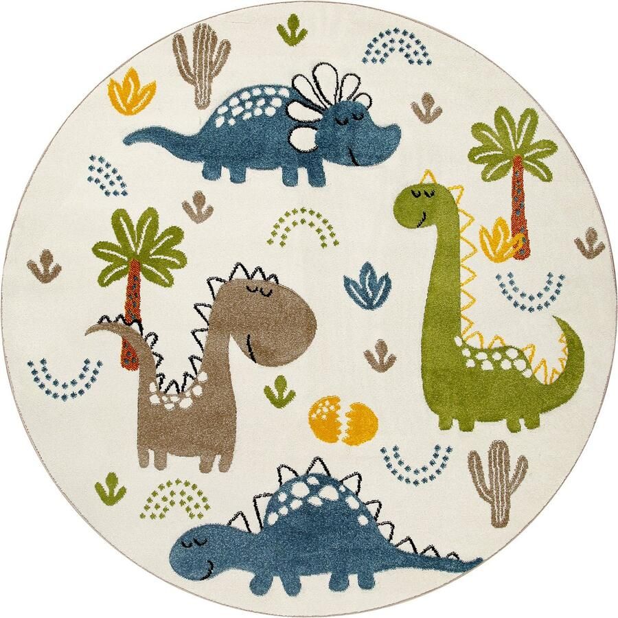 Smart Kids Dino & Friends Kinder vloerkleed 120 cm rond Crème wit meerkleurig