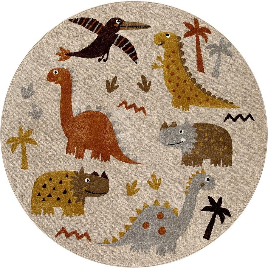 Smart Kids T-Rex & Friends Kinder vloerkleed 120x120 cm rond zandbeige
