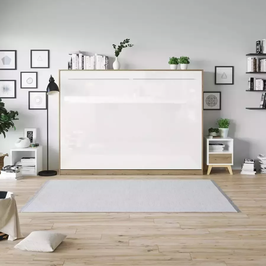 SMARTBETT Horizontaal Opklapbed 140x200cm Wild Eiken Glans Wit