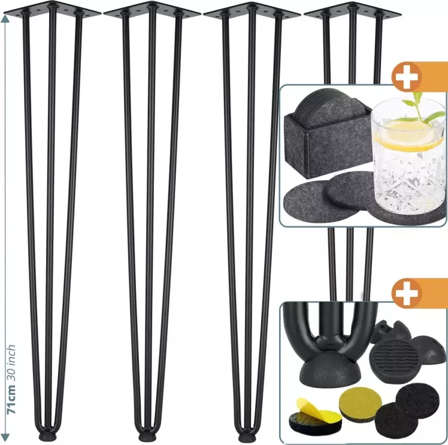 Smartpeas 4X Haarspeld Tafelpoten Metaal RVS Tafelpoten in Zwart Haarspeldpoot 71 cm Met 3 Strutten Plus: Vloerbescherming en Vilten Onderzetters