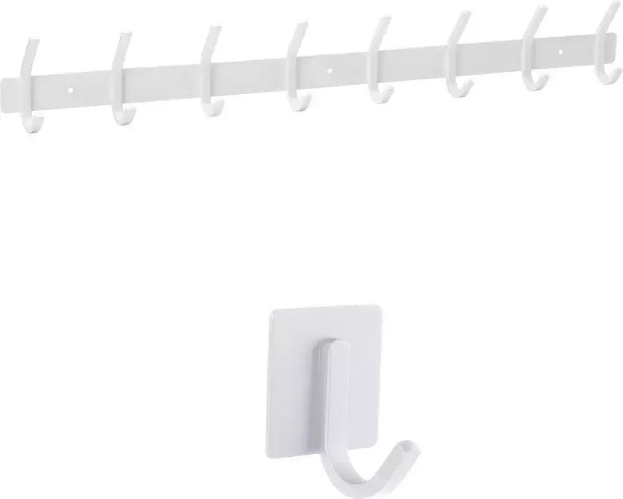 Smartpeas Hook Bar Wall Hanger Kapstok Wit Roestvrij Geborsteld Staal 8 Vaste Haken tot 30K Plus: 1 Zelfklevende Haak