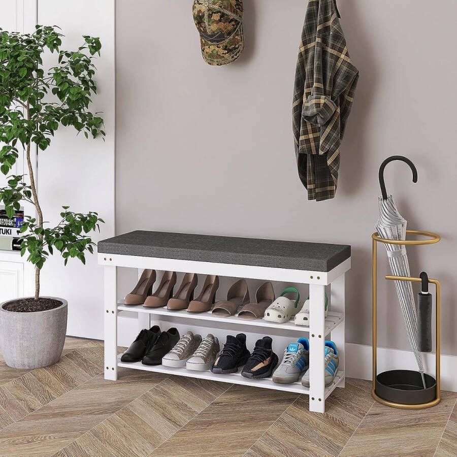 SMIBUY Schoenenrek bank 3-laags stevige bamboe schoenenorganizer met kussen opbergplank voor toegang hal slaapkamer of woonkamer 34 26 x 11 82 x 19 3 inch (wit en grijs)