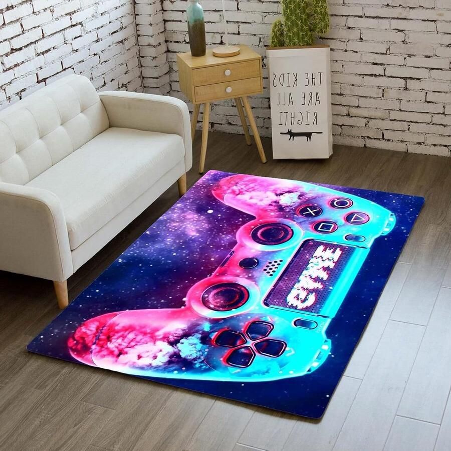 Smoakez 3D controller tapijt voor tiener slaapkamer antislip gamer tapijt zwart paars zachte vloerkleed decoratie voor woonkamer met graffiti motief