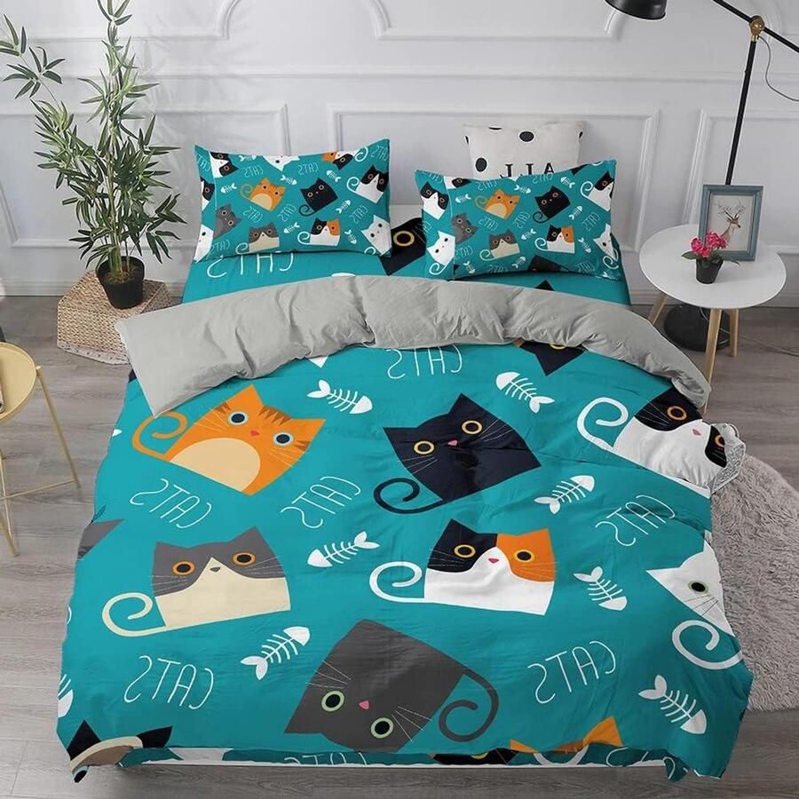 Allecto Premium Dekbedovertrek Set 3 Stuks 3D Kat Turquoise Zachte Microfiber Kussenslopen Eenpersoons Dubbele King Super King Size Bed Beddengoed Set Dekbedovertrek