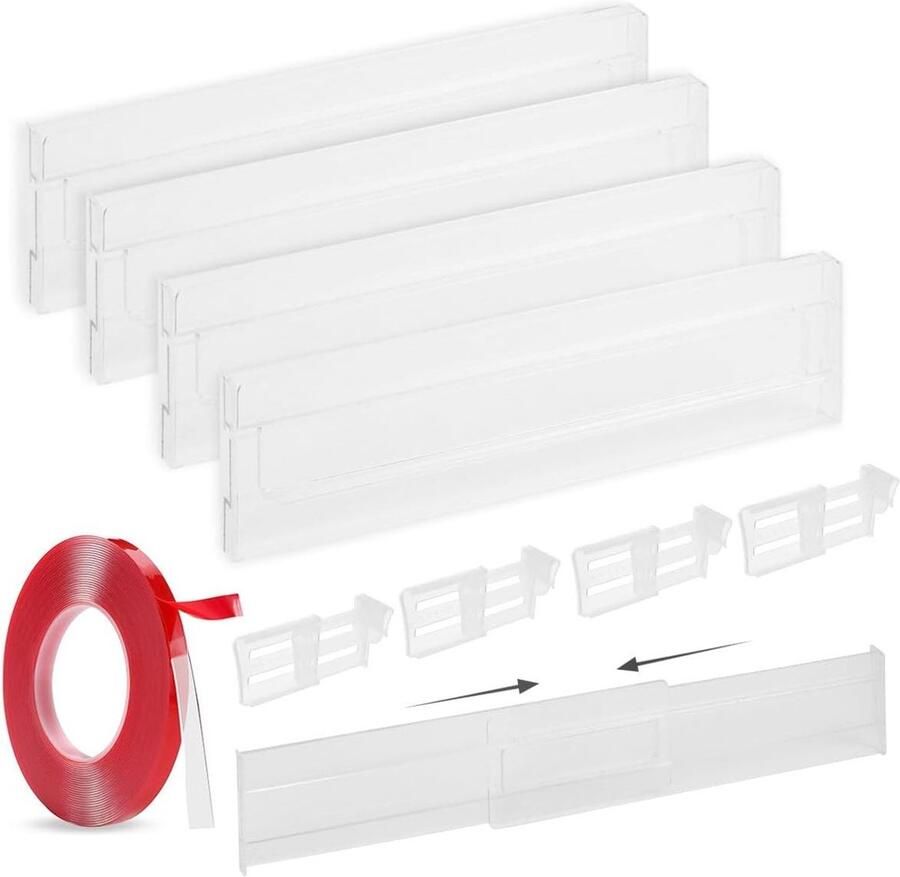 Smoakez 4 Pack Ladeverdelers & Koelkastdeur Organizer Verstelbare Ladeverdeler voor Kleding 8 cm Hoog Uitbreidbaar van 27.5-52cm Transparant Kunststof Keukengerei Lade Organizer