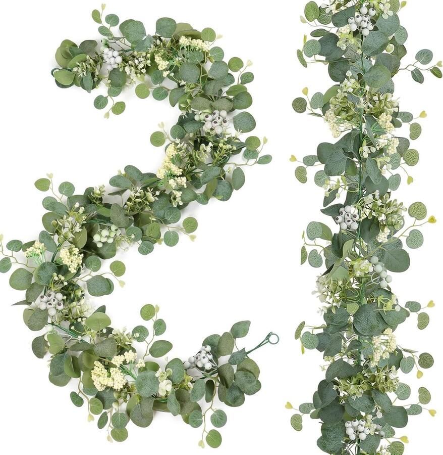 Allecto Premium Eucalyptus slingers 2 stuks kunstslingers met bessen decoratieslinger voor bruiloft en feest groene hangplant voor tafel en slaapkamer badkamer achtergronddecoratie
