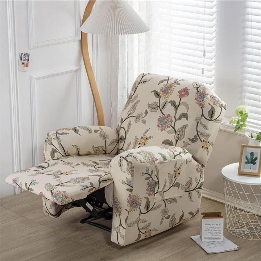 Smoakez Fauteuilhoezen met zakken en bloemenprint voor elektrische stoel 4 stuks Luxe Stretch Antislip Meubelbeschermer voor woonkamer Beige Klassiek design