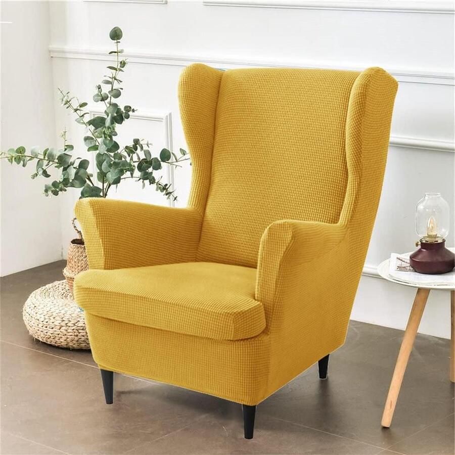 Smoakez Gele 2-delige stretch Wingback stoelhoezen met jacquard patroon voor fauteuil stoelen Meubelbeschermer voor woonkamer slaapkamer en hotel