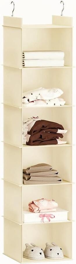 Allecto Premium Hangende opbergorganizer met 6 planken en metalen haken Ruimtebesparende kledingkastorganizer in beige met bamboestokken