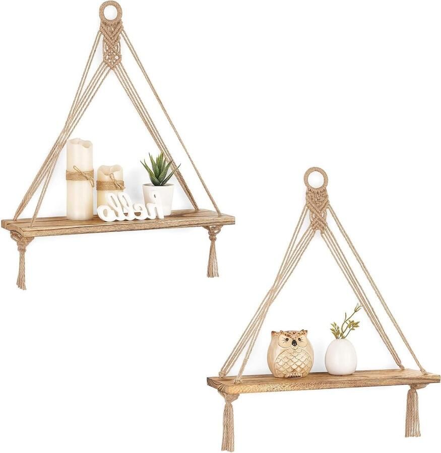 Allecto Premium Set van 2 Rustiek Houten Macramé Hangende Planken voor Wanddecoratie Opbergplank voor Slaapkamer en Badkamer Boho Stijl Display Planken voor Planten en Foto's