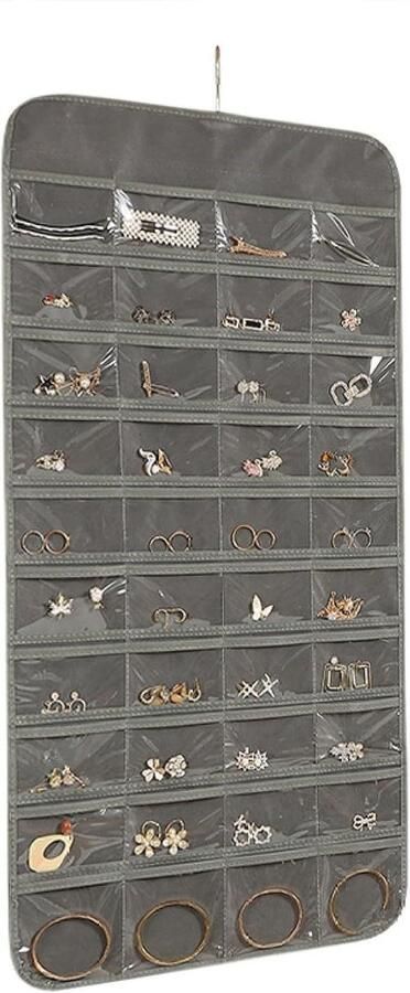Hangende sieradenorganizer met opbergvakken en hangers Grijs Voor kledingkast of kaptafel