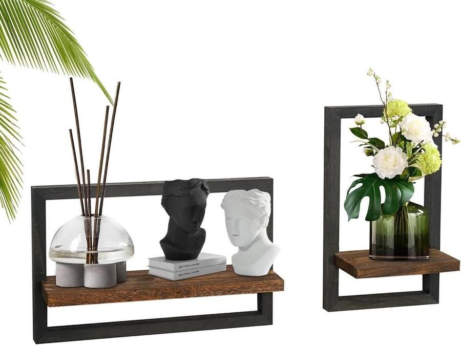 Allecto Premium Houten Wandrek Set van 2 Zwart Hangend Regal Vintage Wanddecoratie voor Woonkamer Keuken Slaapkamer & Badkamer Stijlvolle Interieuroplossing met 40cm × 21cm formaat