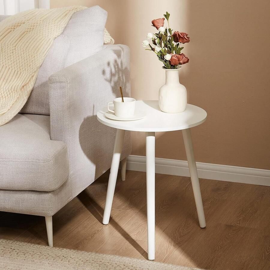 Allecto Premium Bijzettafels hout salontafel rond wit Ø 42 x 52 cm woonkamer nachtkastje met dienblad banktafel bloemenstandaard