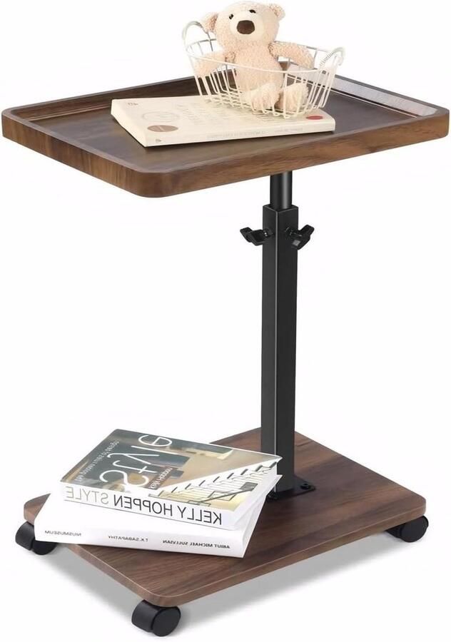 Allecto Premium In hoogte verstelbare houten bijzettafel op wielen 45-80 cm 2 niveaus tafel voor woonkamer bank en bed