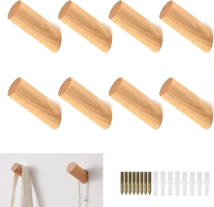 Allecto Premium Houten Wandhaken 8 stuks Wandkapstok Houten Cilinderhaakjes Kapstok Hout Wandgemonteerd Voor Het Ophangen van Handtassen Kleding Hoeden Sjaals in Slaapkamer Woonkamer Gang 8CM