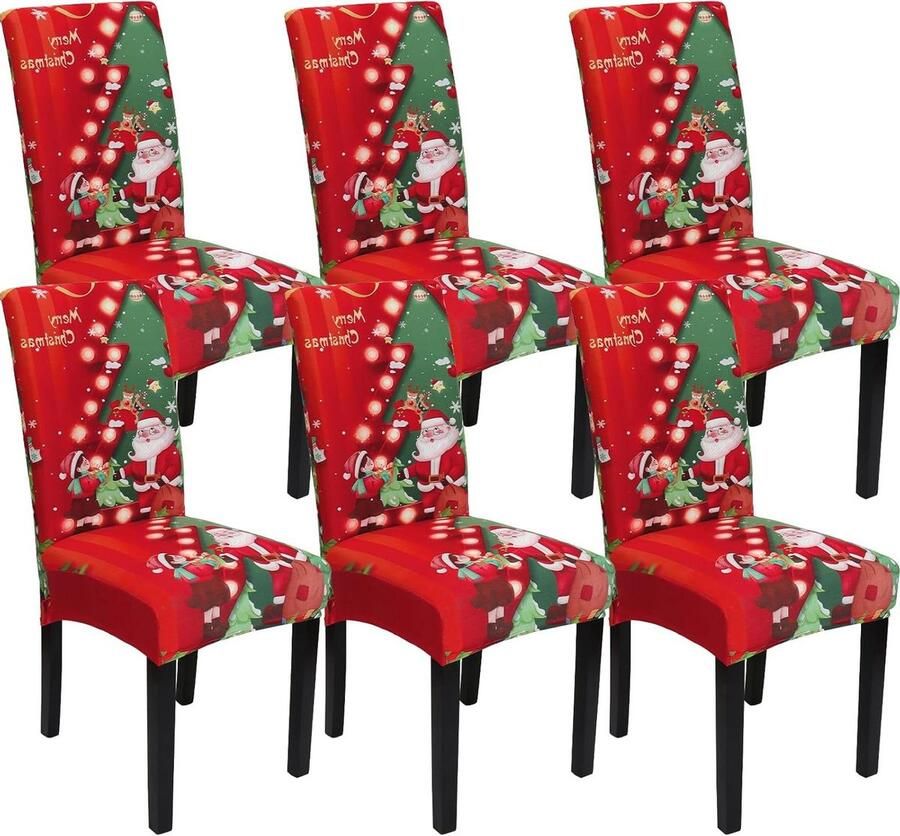 Smoakez Kerst Stoelhoezen Set 6 stuks Stretch Eetkamerstoel Slipcovers Kerstmis Elk Boom Design Stoelbeschermer Covers voor Hotel Keuken Feestdecoratie (Rood)