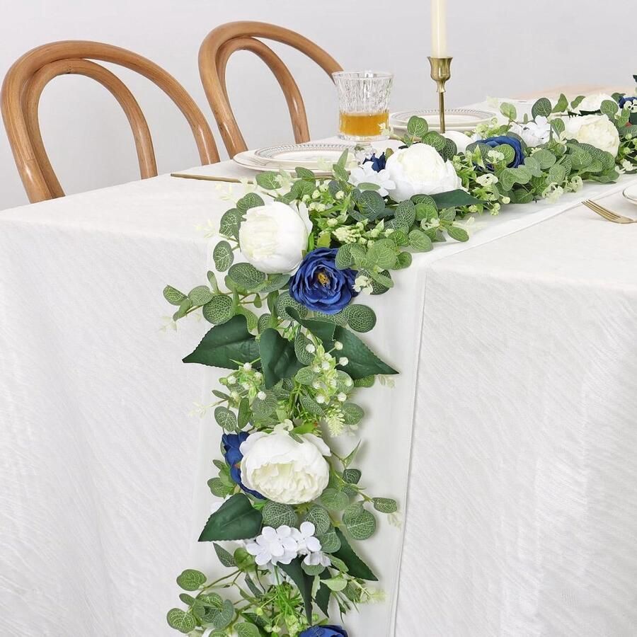 Kunstmatige Eucalyptusslingers met Bloemen 190 cm Pioenbloemenslingers 2 stuks Nep groene Slinger Bloemenslinger voor Bruiloftsfeest Tafel 2 Blauw en Wit