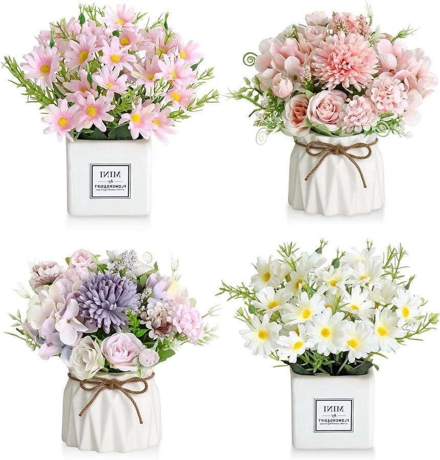 Smoakez Kunstmatige nepbloemplanten in keramische pot voor decoratie met madeliefjes en hortensia Tafel bureau en boekenplank Zijden bloemen Kantoor Kleine nepplant