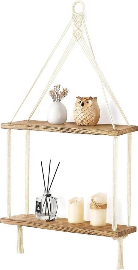 Smoakez Macramé muur opknoping plank 2 tier boho kamer decor handgemaakt katoenen touw rustiek hout drijvende planken display foto's planten opknoping opslag rekken voor woonkamer kinderkamer badkamer