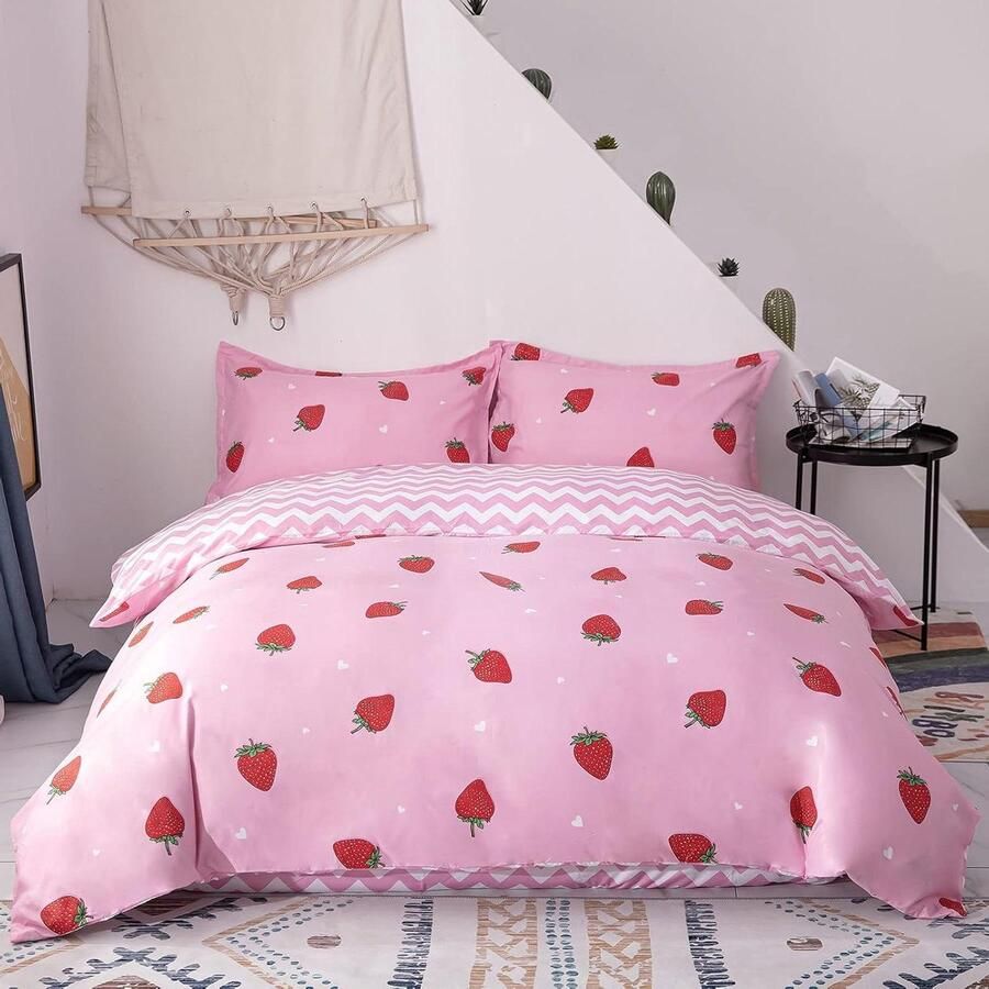 Smoakez Dekbedovertrekset meisjes aardbeien fruit geometrie 3-delig zacht en comfortabel microvezel omkeerbaar inclusief 2 kussenslopen tweepersoonsbed 200 x 200 cm