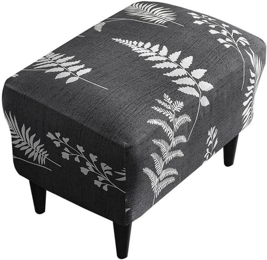 Allecto Premium Rechthoekige Ottomaanse hoes van polyester Spandex met elastische onderkant Stofdicht en wasbaar Witte bladeren design Geschikt voor voetenbank en krukbeschermer