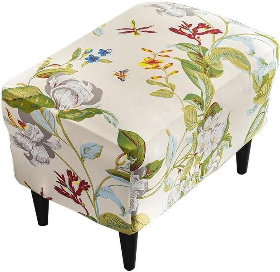Allecto Premium Ottomaanse hoes polyester Spandex stretch Bloem Blad Patroon Afneembaar en wasbaar Stofdicht Elastische onderkant Voetenbank Krukbeschermer met elastische band Rechthoekig Voetensteun Pouffe Cover