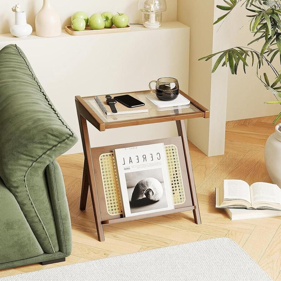 Smoakez Rotan bijzettafel met opslag Boho design midden eeuw glazen nachtkastje bamboe salontafel woonkamer en slaapkamer essential